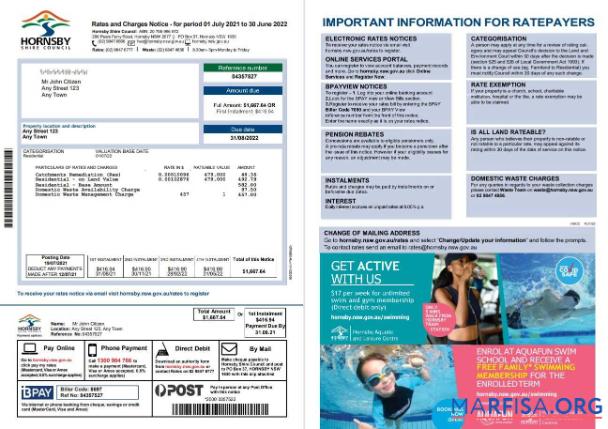 Blank Australia NSW Hornsby Shire Council utility bill, Word and PDF template, 2 pages